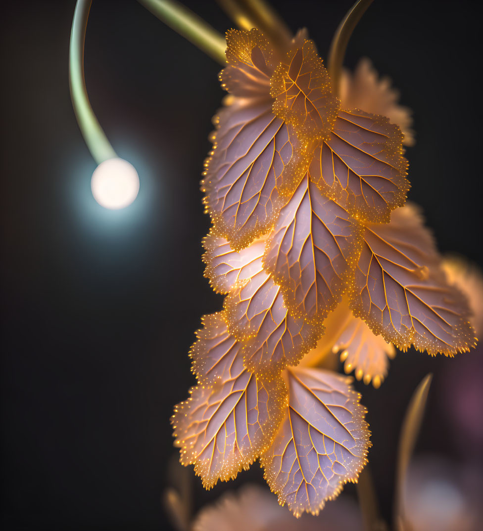 Golden leaves close-up against dark background with soft light.