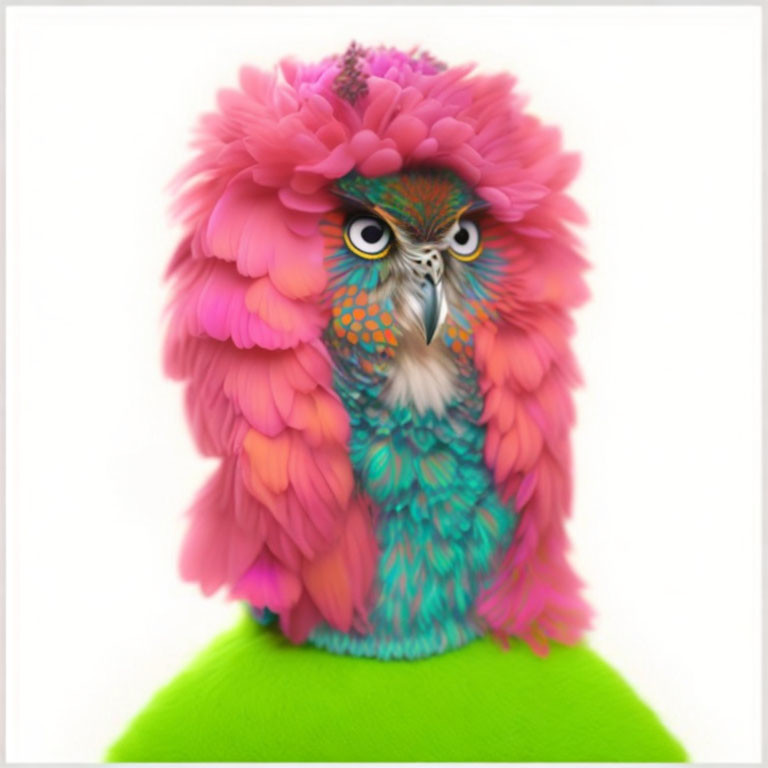 Colorful Stylized Owl with Pink and Teal Feathers on Plain Background