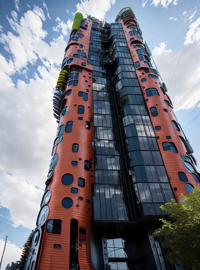 Modern building with orange facade and round windows, green accents, and cylindrical structures against blue sky.