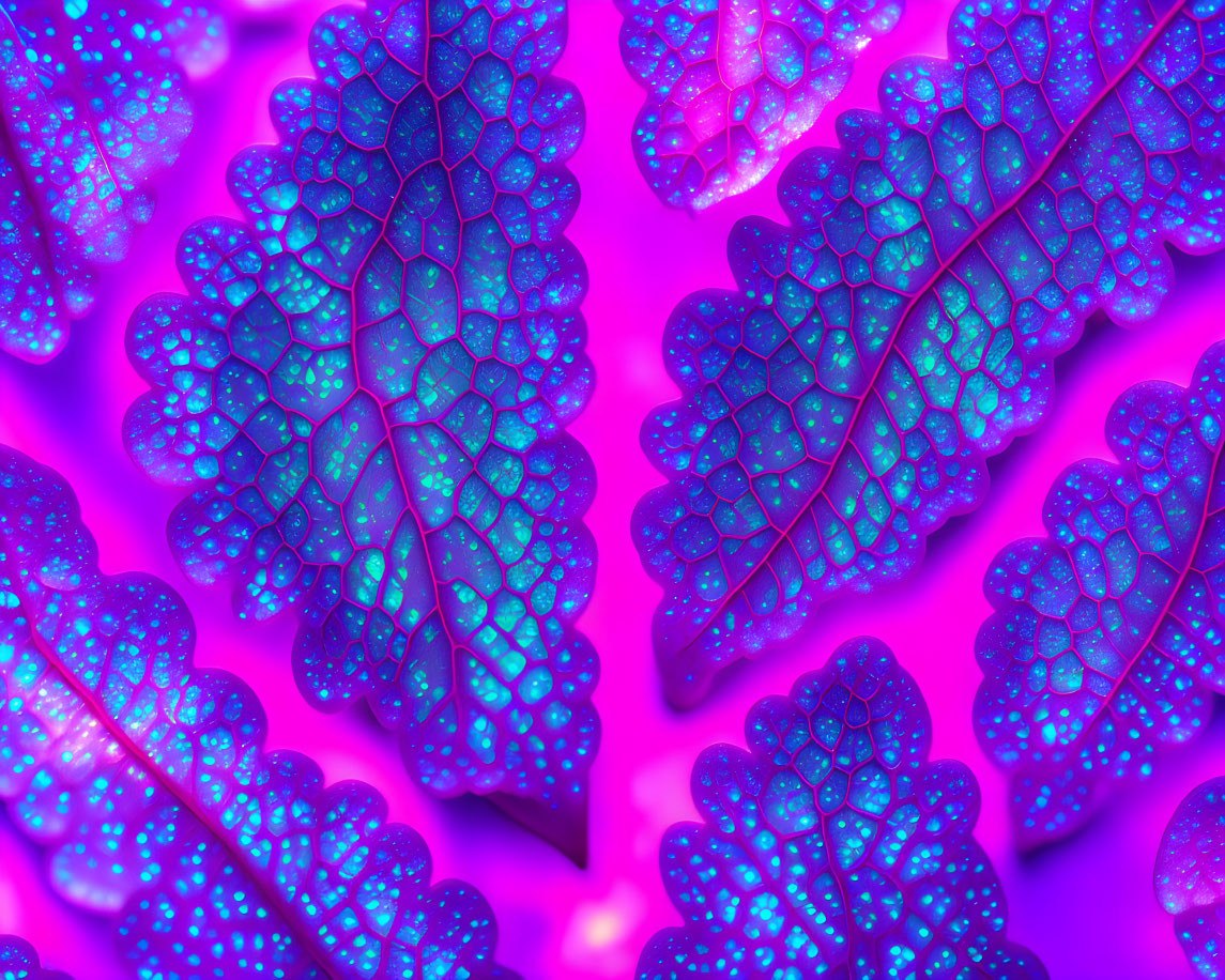 Bioluminescent blue and purple leaves on pink gradient background