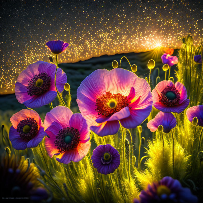 Colorful poppies under starry sky and golden sunset in lush green setting