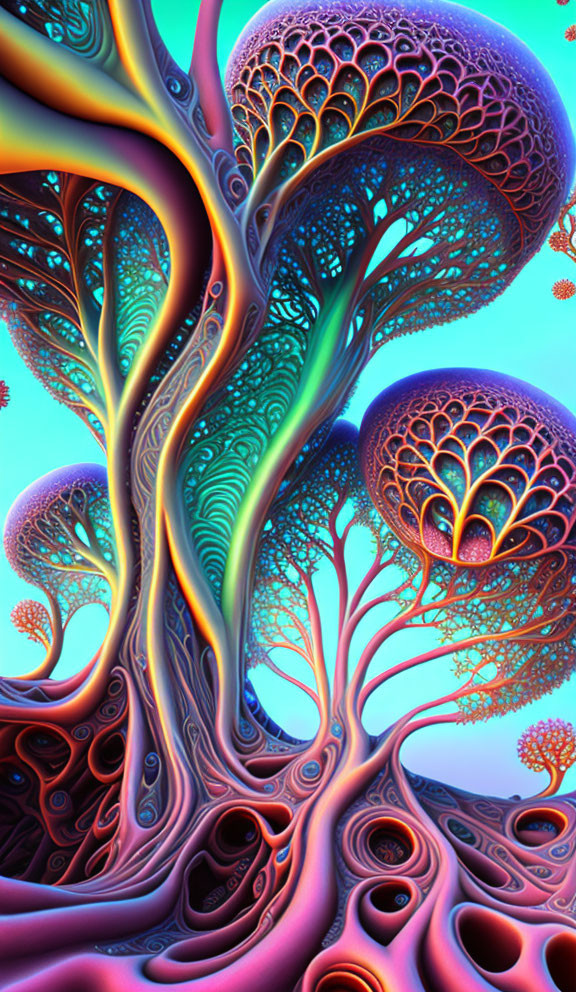 Colorful digital artwork: Psychedelic tree with intricate branches and patterned spheres on blue gradient.