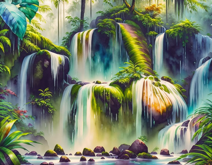 Lush Green Foliage Surrounds Tropical Waterfall