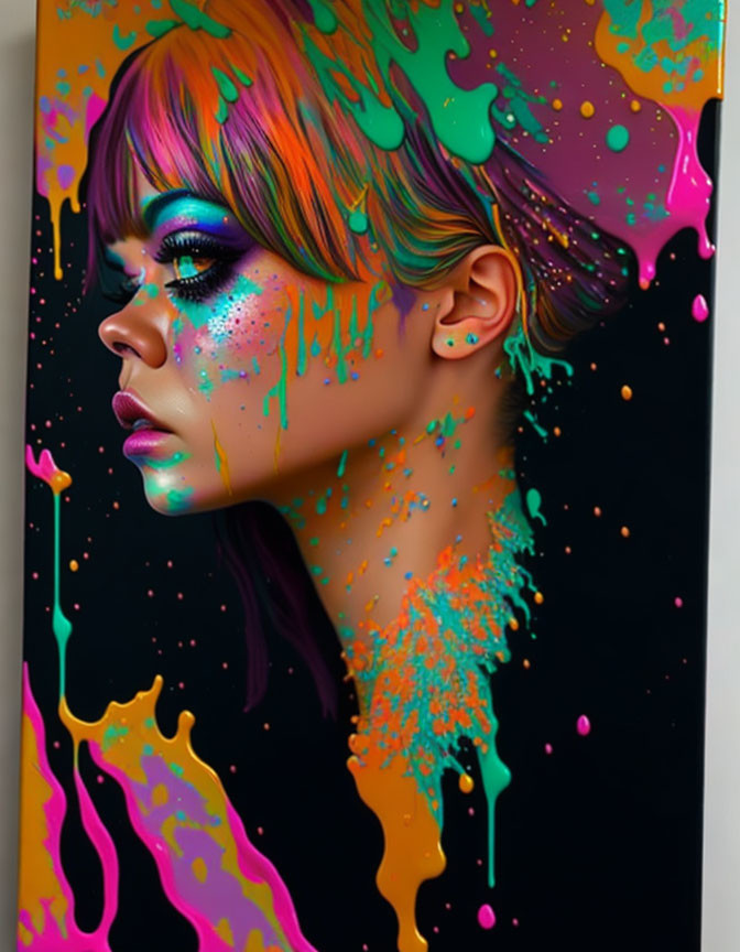 Colorful digital artwork: Woman's profile with neon paint drips on dark background