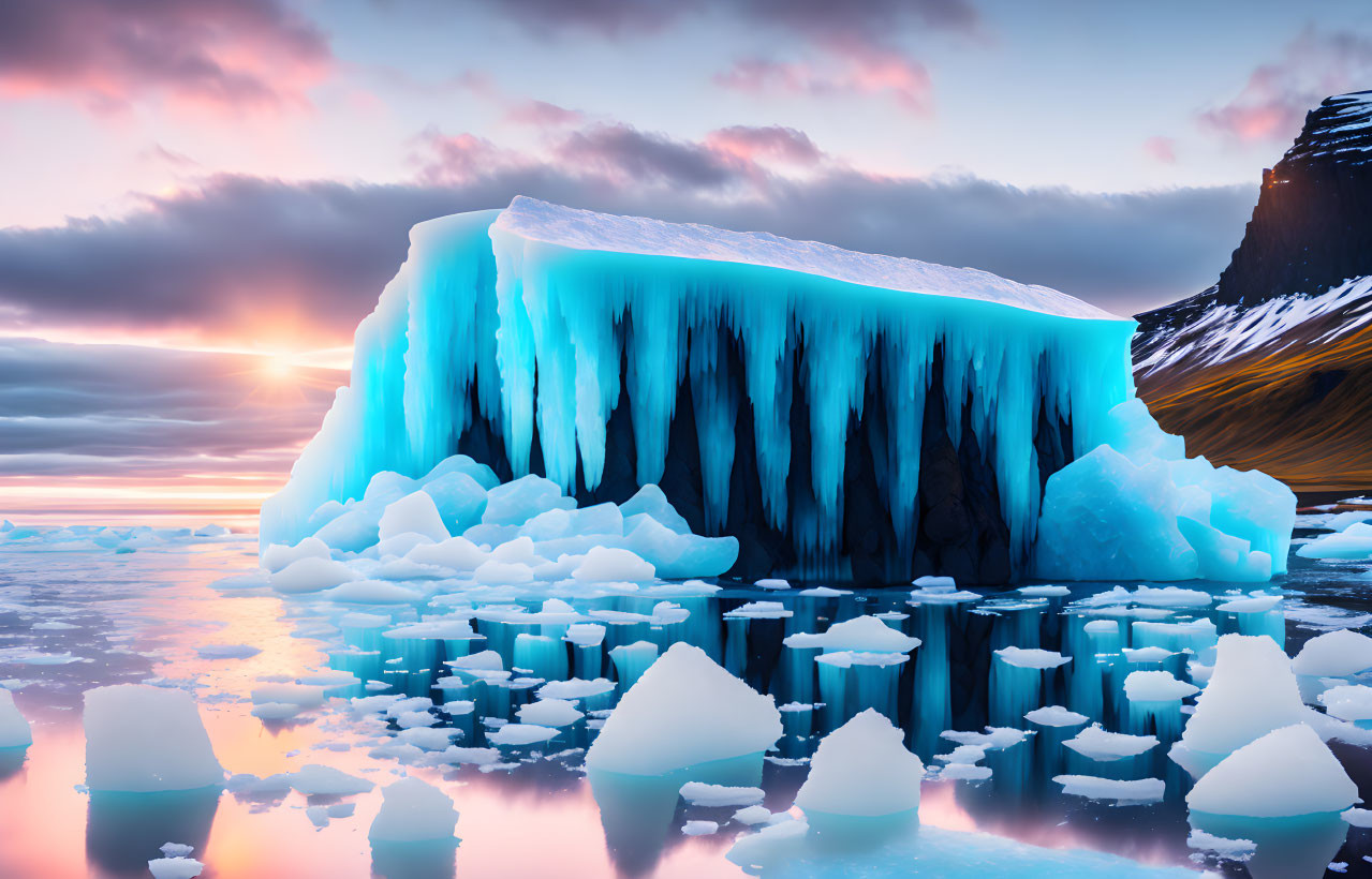 Majestic iceberg with blue ice formations in icy waters at sunset