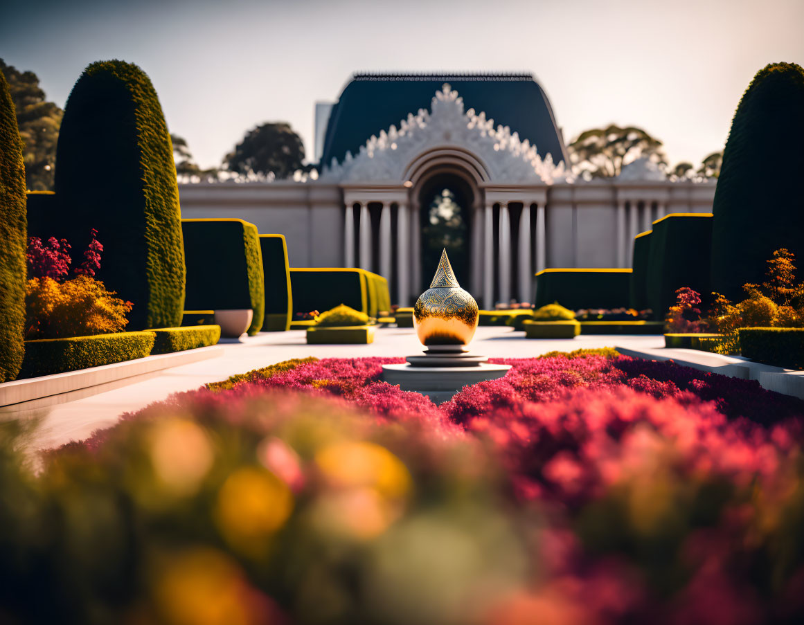 Lush Garden Scene with Topiaries, Flowers, and Archway