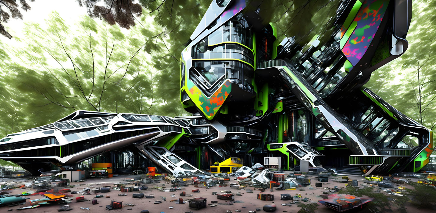 Vibrant graffiti in futuristic cityscape amid green forest