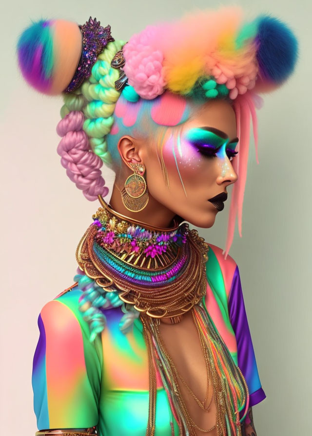 Colorful digital artwork of a person with vibrant makeup, intricate braided hairstyle, and ornate jewelry