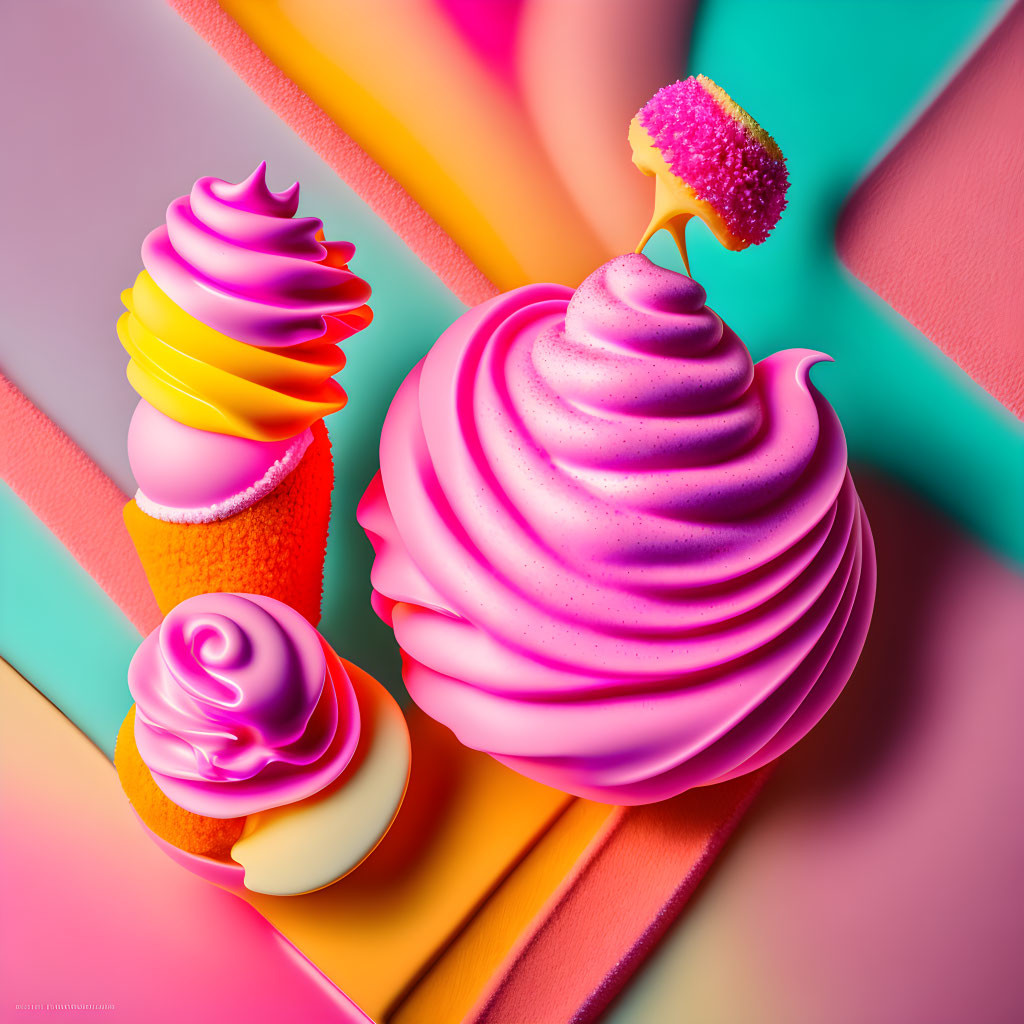 Colorful 3D swirls in pink and purple on striped backdrop