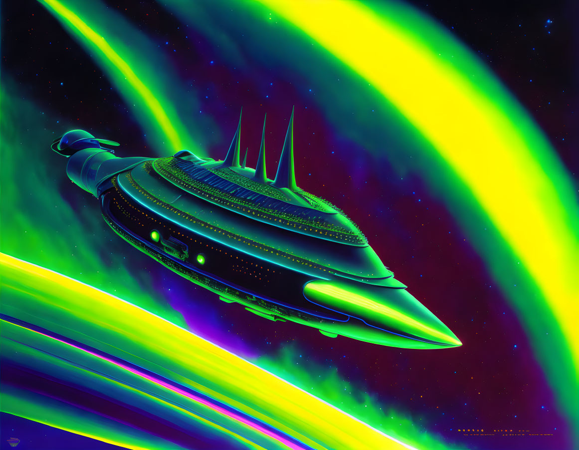 Futuristic spaceship in colorful neon space