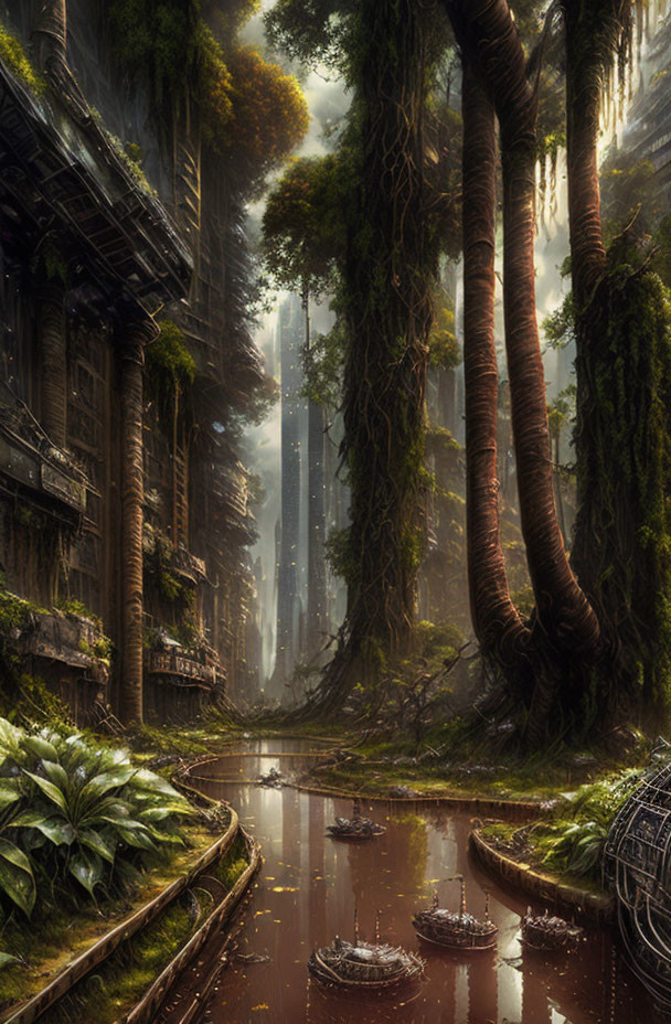 Mystical forest with towering trees and ancient ruins