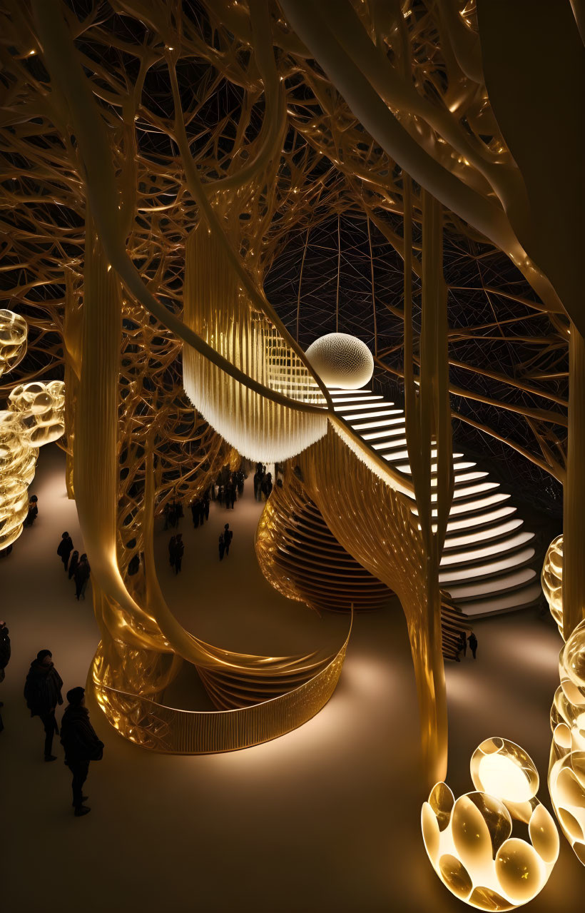 Golden-lit room with intricate staircase and sculptural elements.