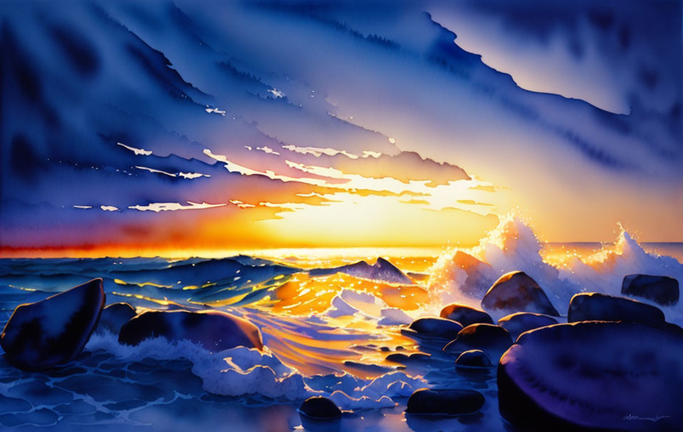 Colorful sunset seascape painting with crashing waves and streaked clouds.