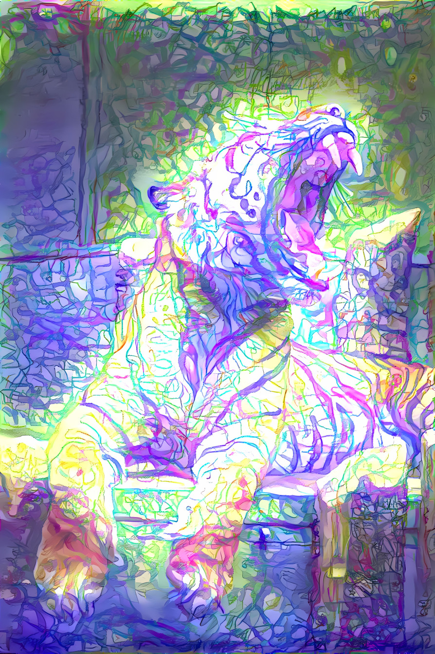 tiger yawning, purple, green smudge painting