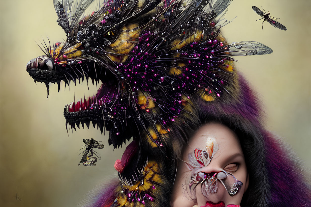 Surreal portrait featuring woman's half-visible face with wolf-like fantasy creature and buzzing insects.