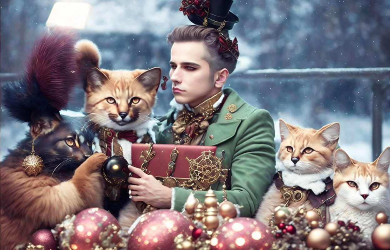 Victorian-themed person with cats and Christmas decor in snowy scene