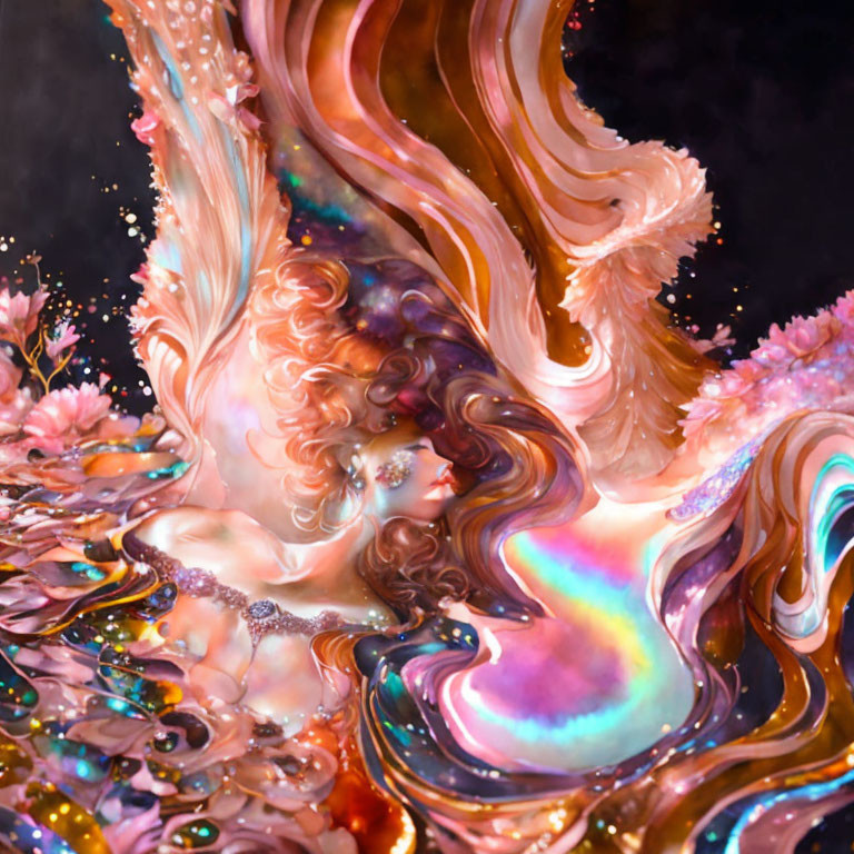 Abstract iridescent swirl with vibrant colors and fluid patterns