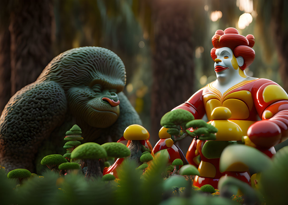Fantastical forest scene with stylized fast-food mascot and gorilla creature
