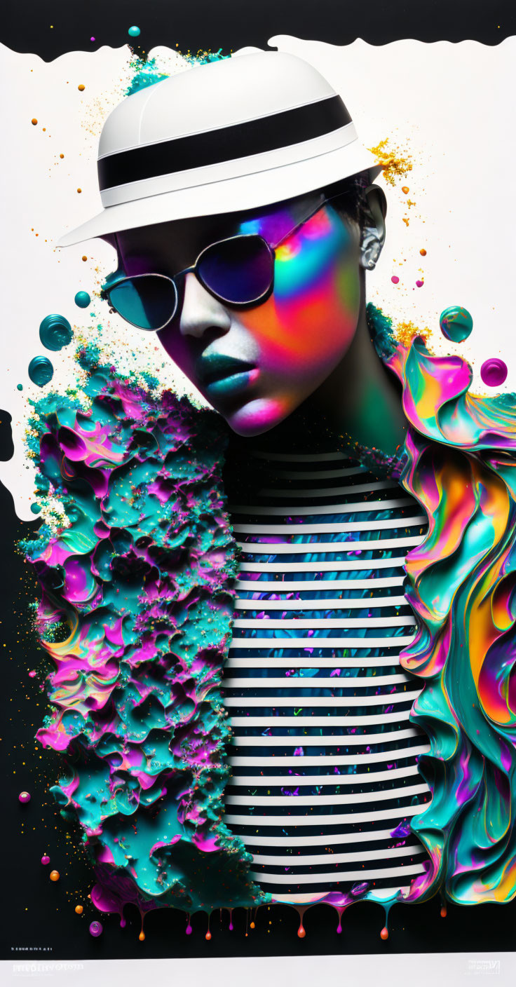 Vibrant digital art: person with sunglasses and striped hat in colorful liquid textures