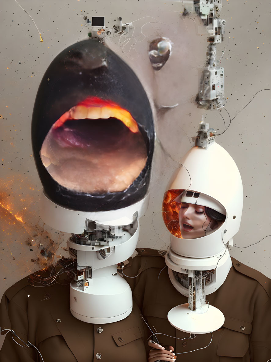 Surreal portrait featuring figures with astronaut helmet heads in whimsical setting