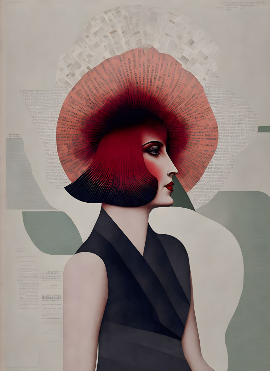 Woman with Red and Black Fan Headdress on Beige Background