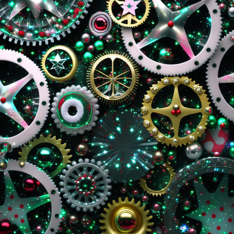 Colorful abstract image of interlocking gears and cogs with jewels and star shapes