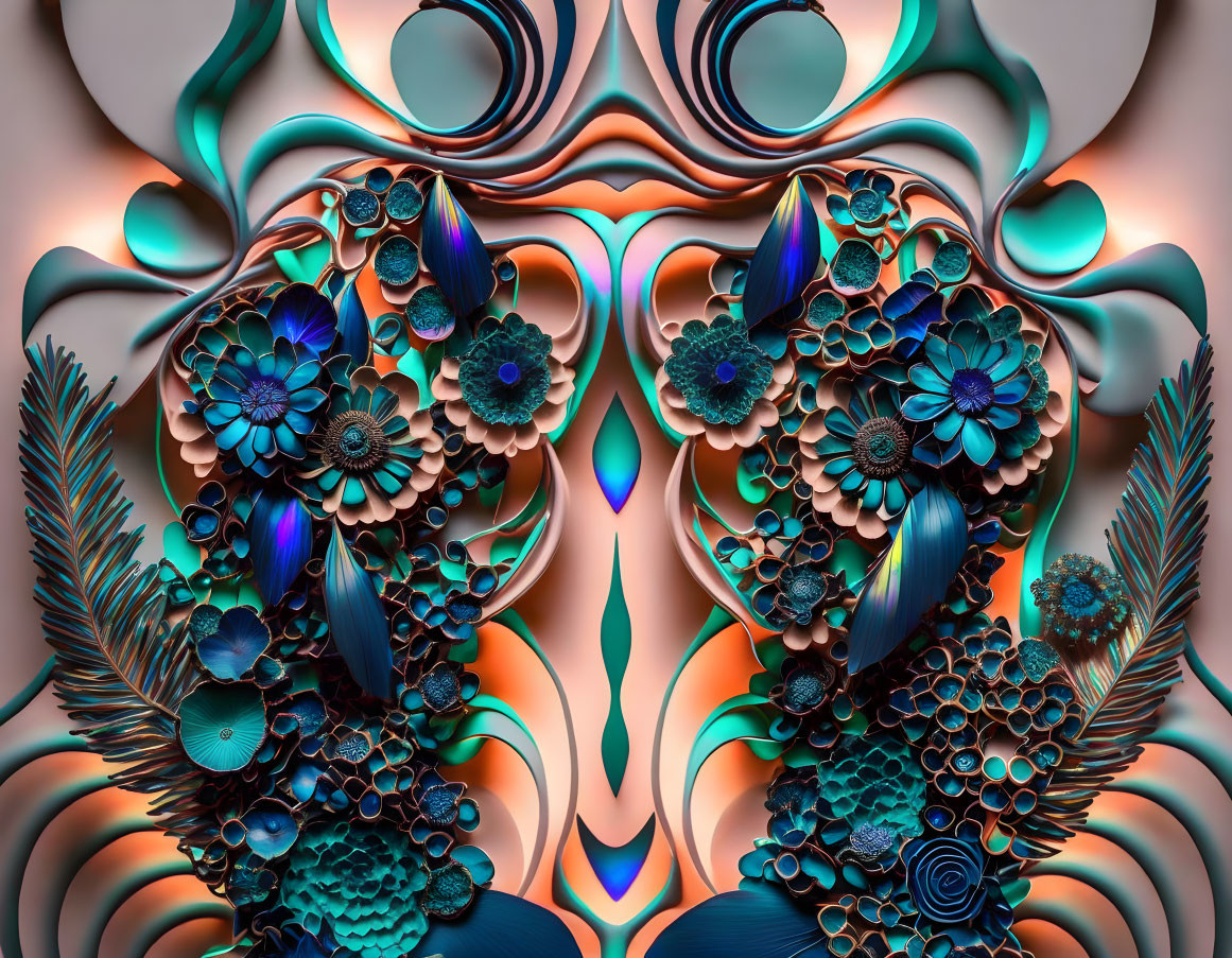 Symmetrical fractal art: intricate floral, metallic, and peacock feather motifs