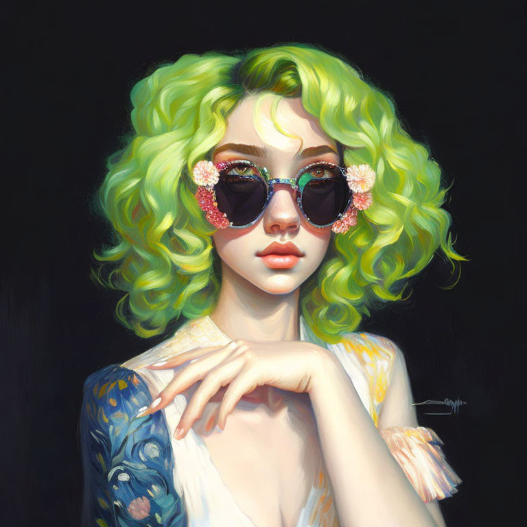 Stylized portrait of woman with green curly hair and floral attire