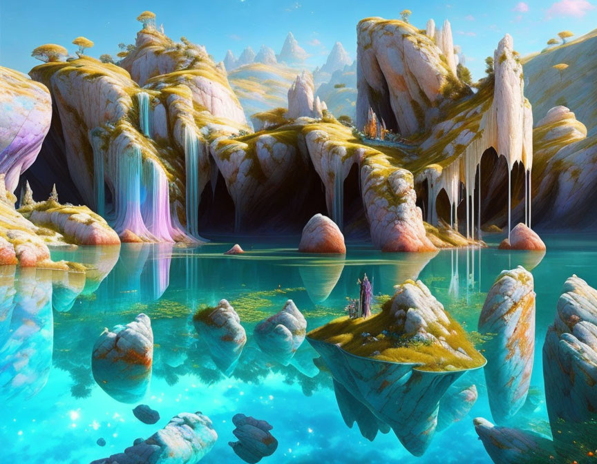 Colorful Rock Formations, Serene Lake, Waterfalls, Otherworldly Sky