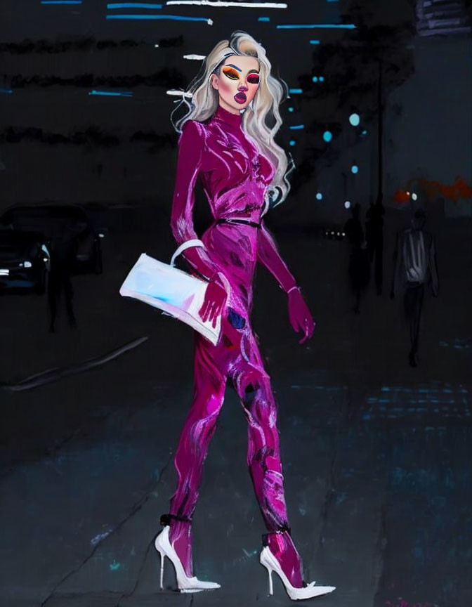 Stylized illustration of person in purple jumpsuit and white heels at night