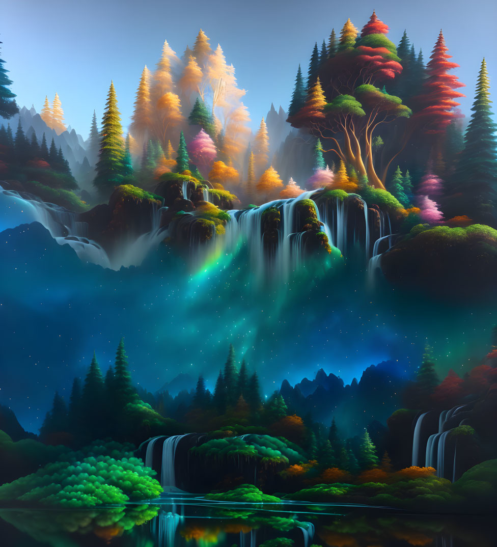 Colorful Trees and Waterfalls in Serene Fantasy Landscape