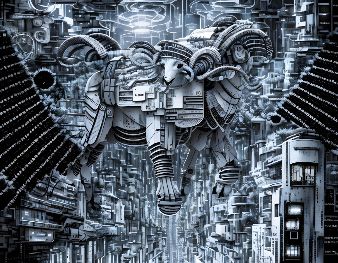 Monochromatic futuristic mechanical ram with elaborate horns in cybernetic setting