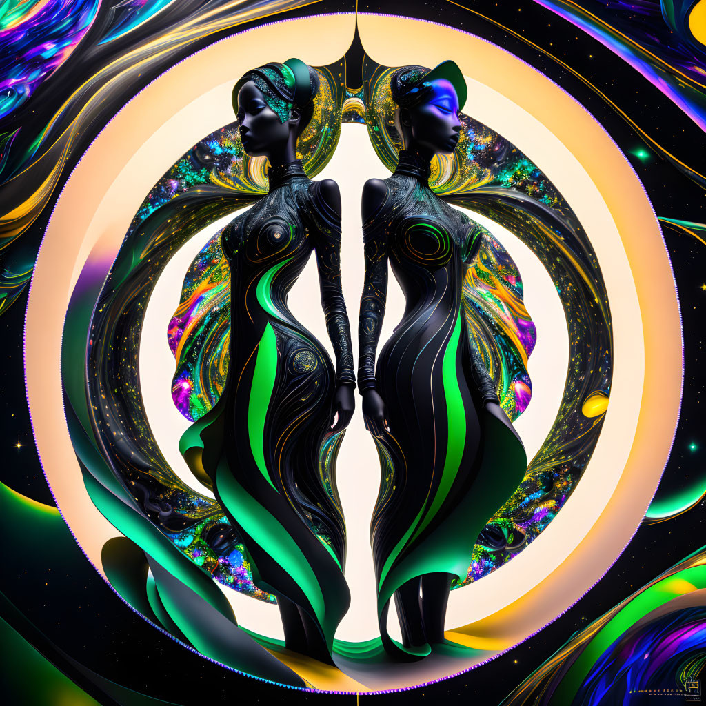 Symmetrical futuristic female figures in vibrant cosmic setting