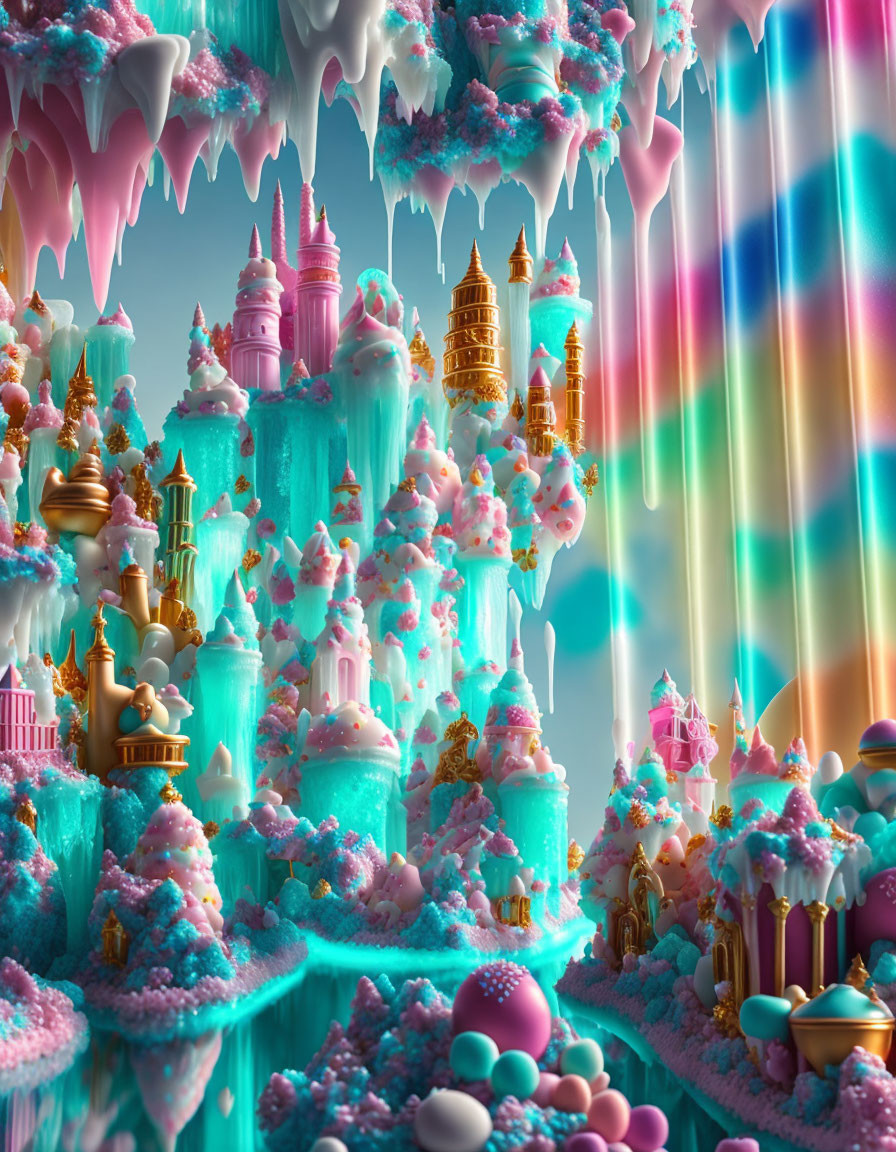 Colorful Candy Land with Ice Cream and Candy Structures