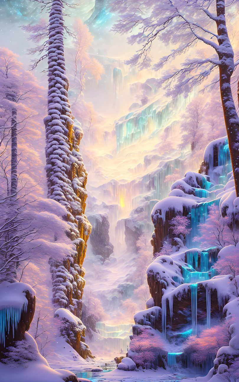 Frosted Winter Forest with Luminous Icefalls