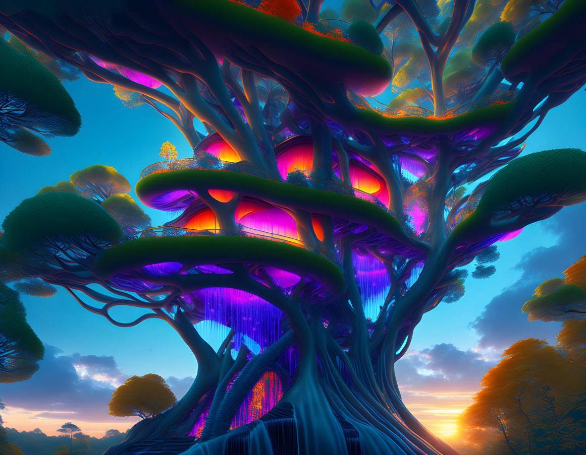 Fantastical forest scene with neon trees at sunset