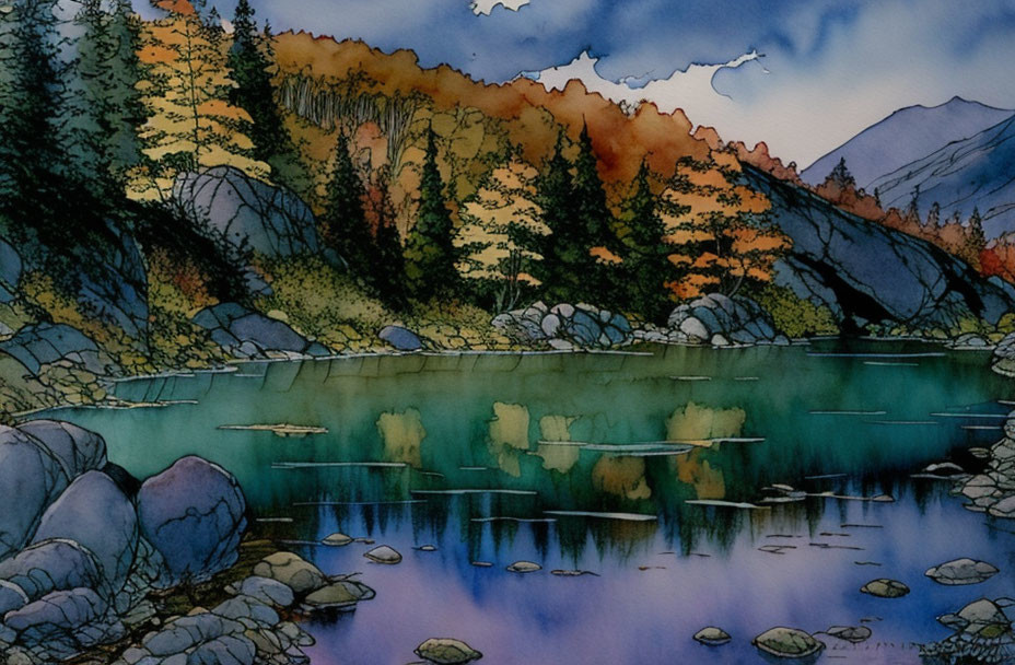 Tranquil watercolor landscape of serene lake, autumn trees, rocks, and hilly backdrop