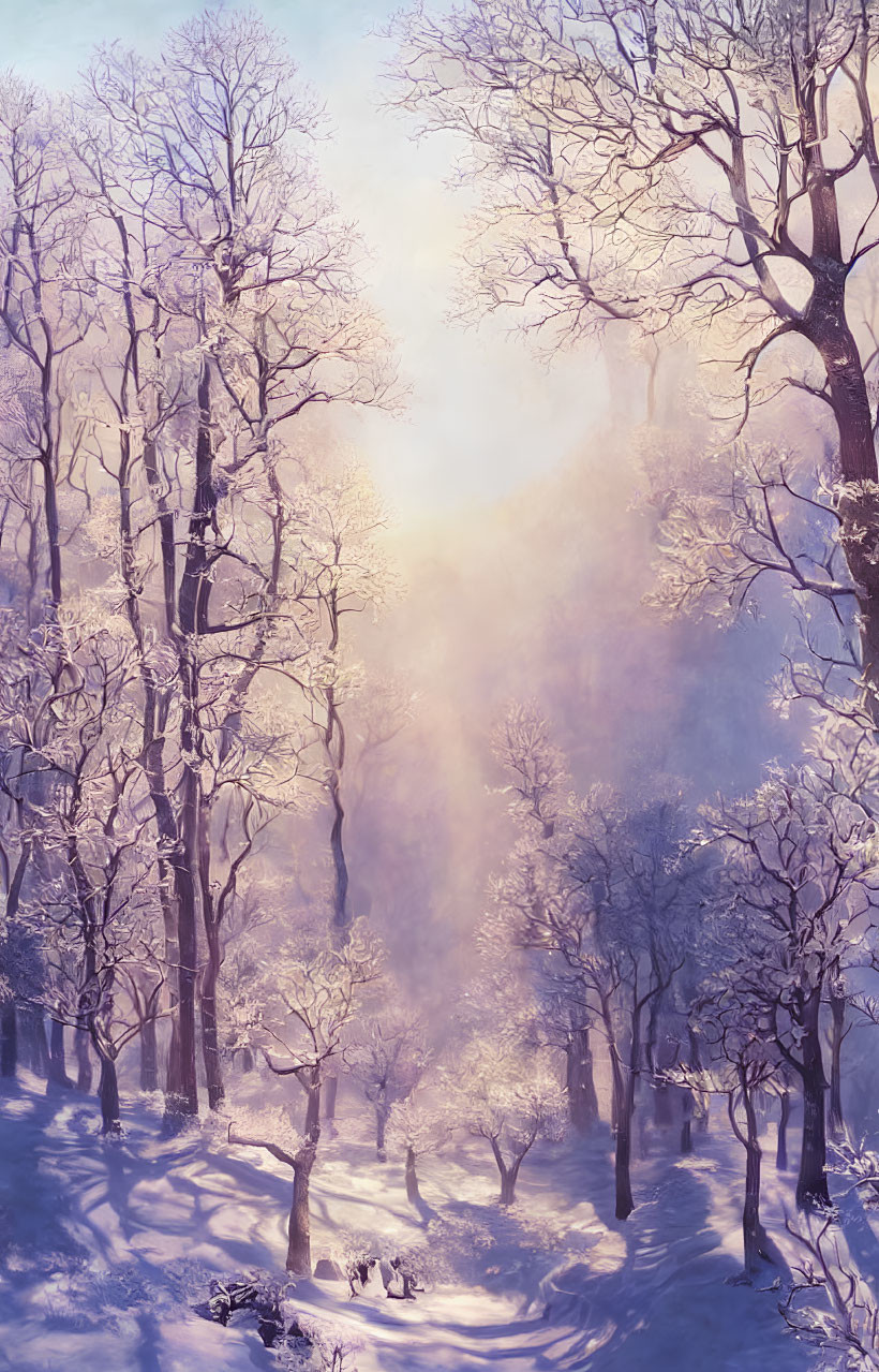 Tranquil snowy forest with bare trees and soft sunlight in misty winter scene