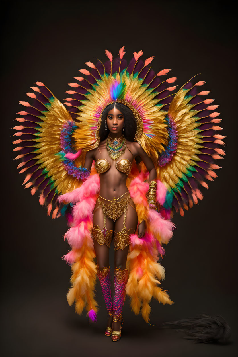 Colorful Feathered Wings on Woman in Gold Costume against Dark Background