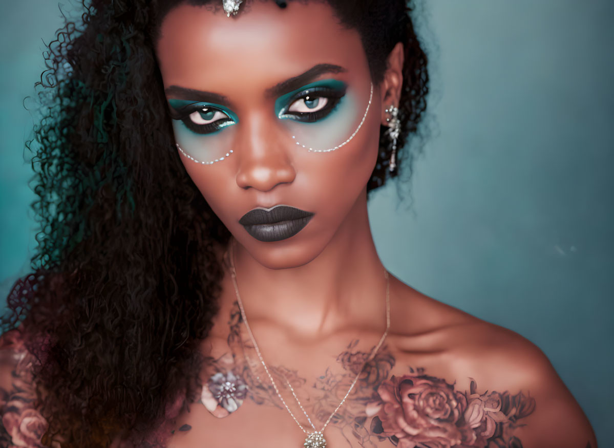 Woman with Blue Eyeliner, Dark Lipstick, and Floral Tattoos on Teal Background