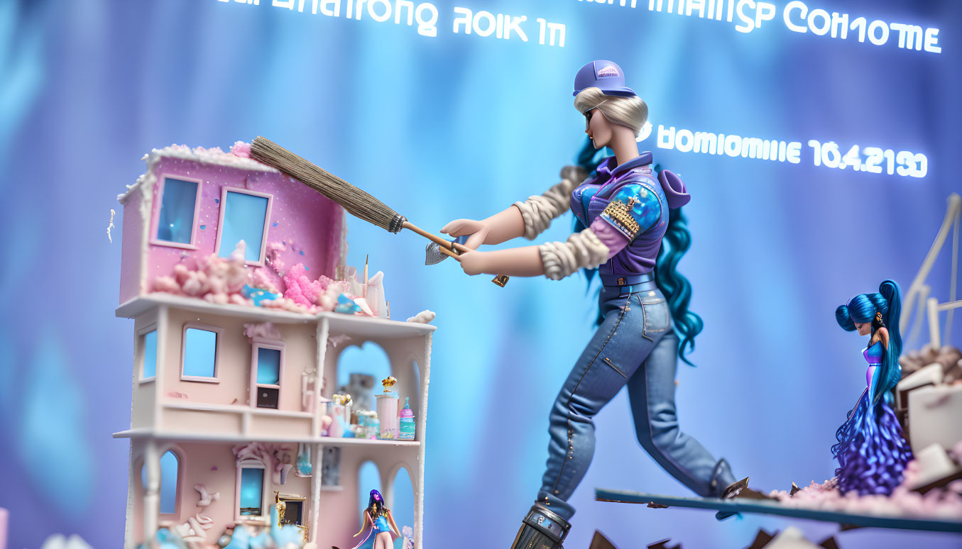 Female character cleaning dollhouse with broom, another watching, blue backdrop