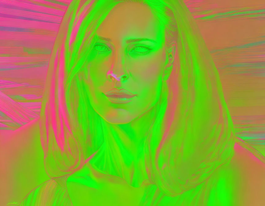 Vibrant neon green and pink stylized portrait with long hair