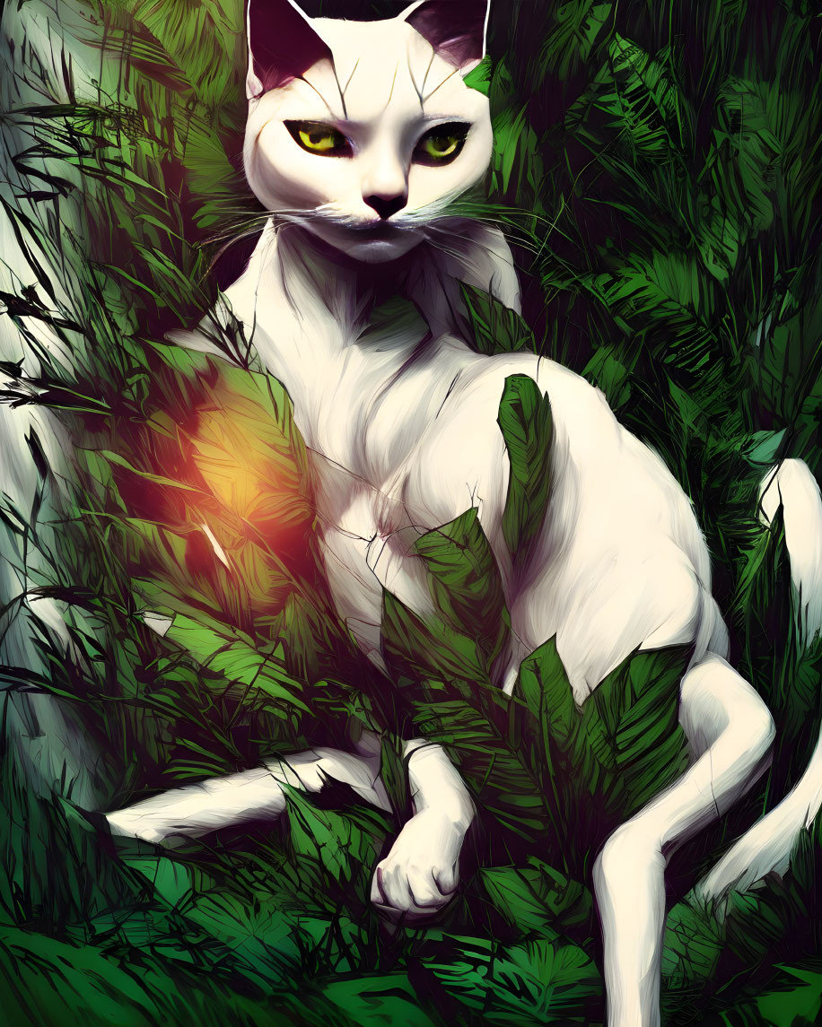 White Cat with Yellow Eyes in Green Foliage Under Sunlight