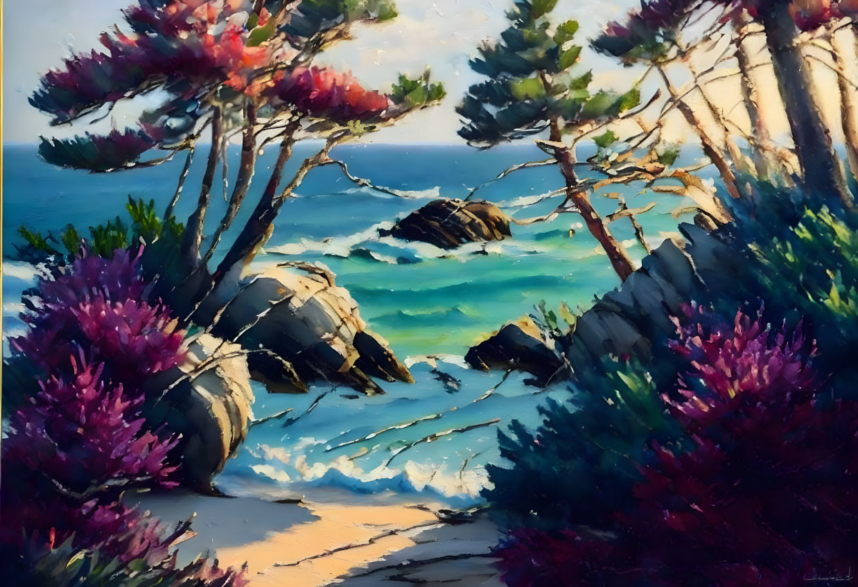 Coastal Scene Painting with Pink-Purple Flowers, Wind-Swept Trees, and Blue-G