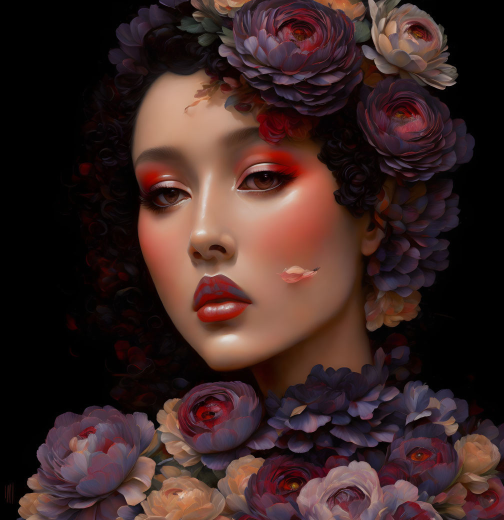 Dark-haired woman with dramatic makeup surrounded by lush roses on black background.