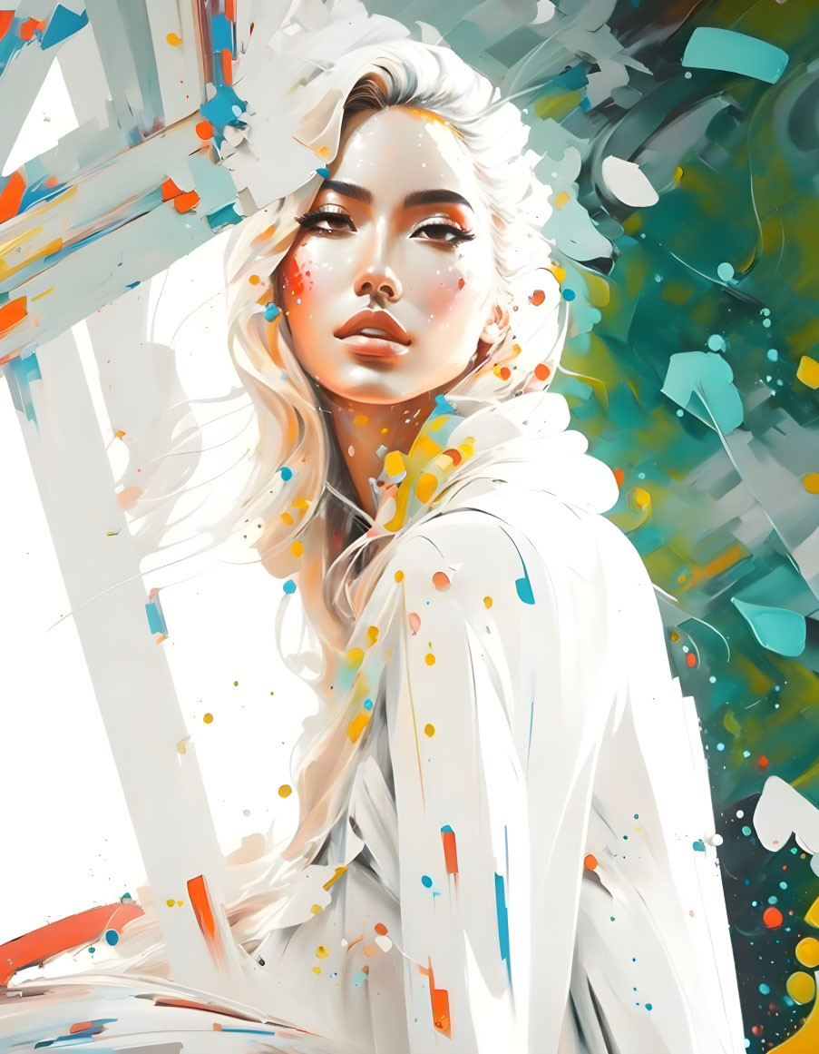 Vibrant paint splashes on stylized woman portrait