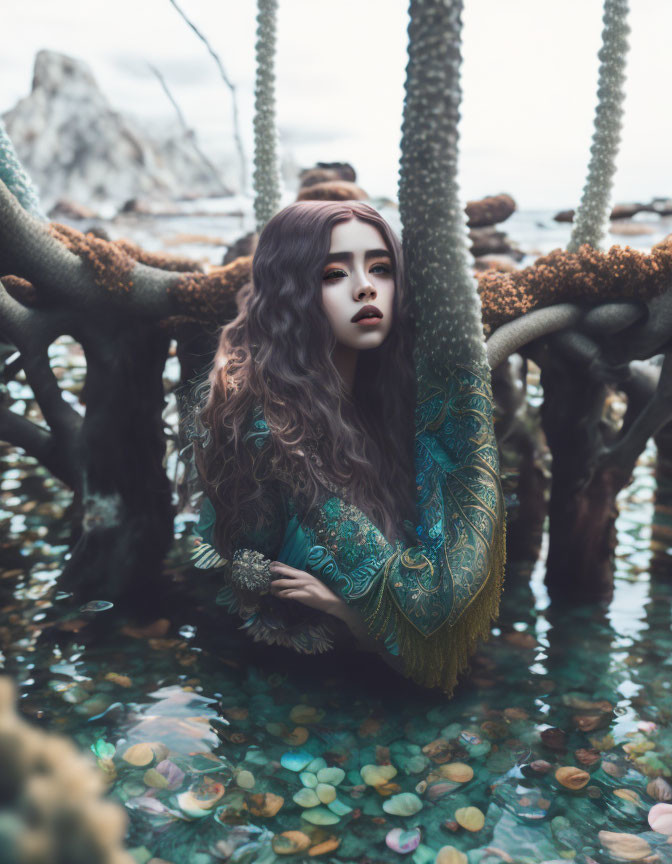 Woman with long wavy hair in teal dress by mossy tree trunks near serene water with leaves