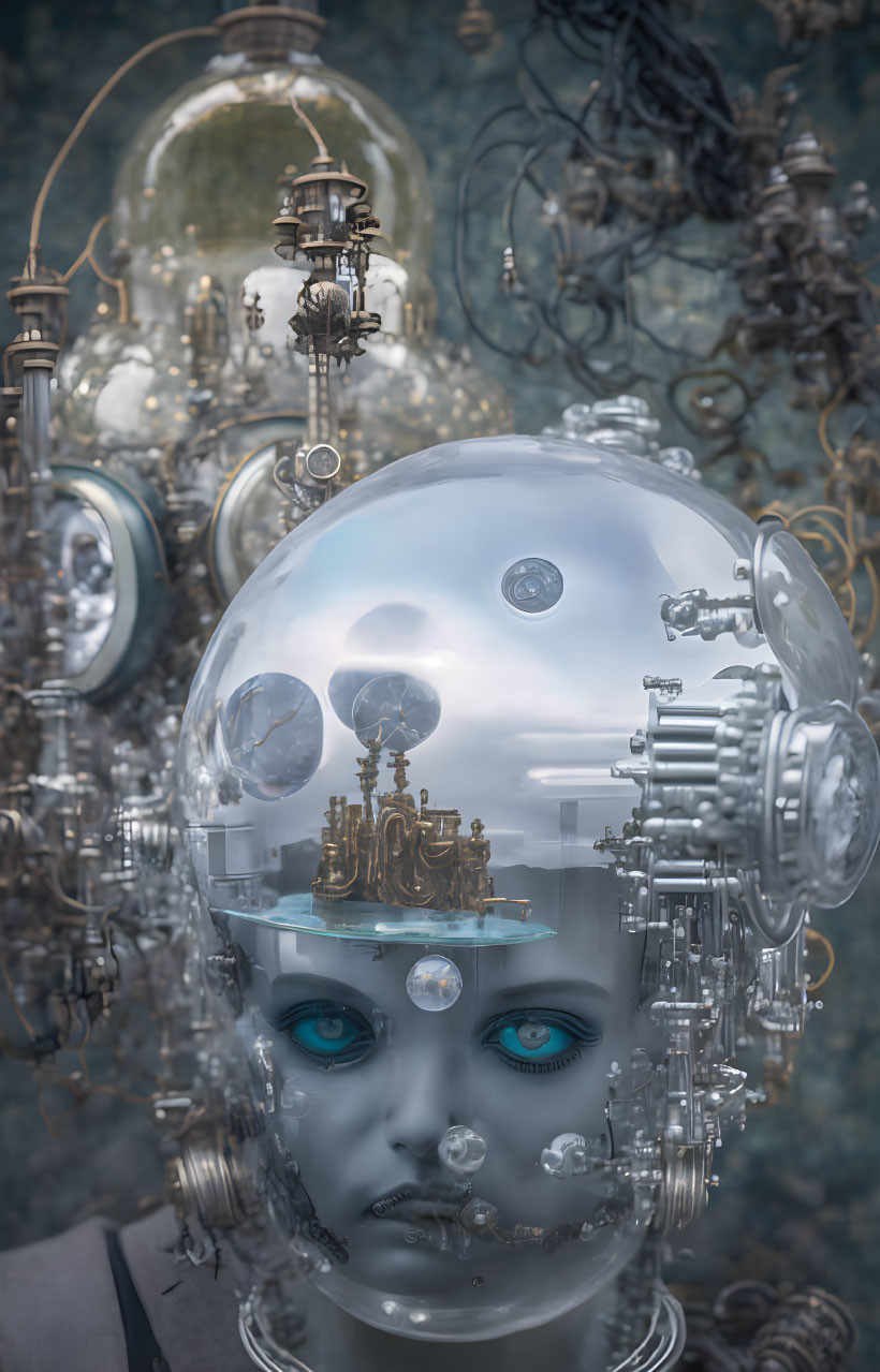 Detailed artwork of humanoid with transparent head displaying mechanical parts, set in industrial scene.