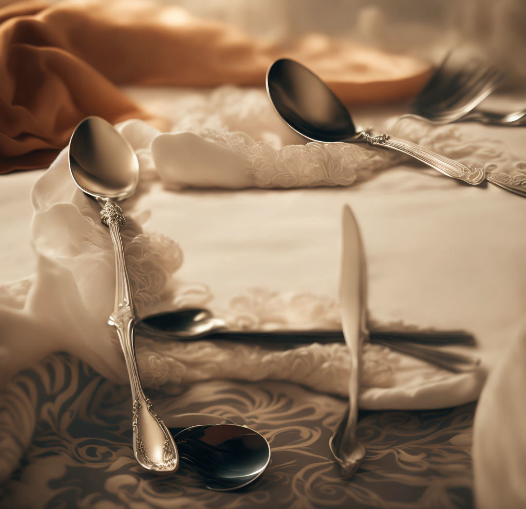 Sophisticated Table Setting with Silverware on Ornate Tablecloth