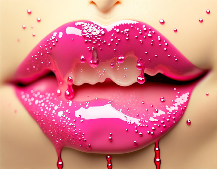 Detailed Close-Up of Sparkling Pink Lips with Glossy Texture